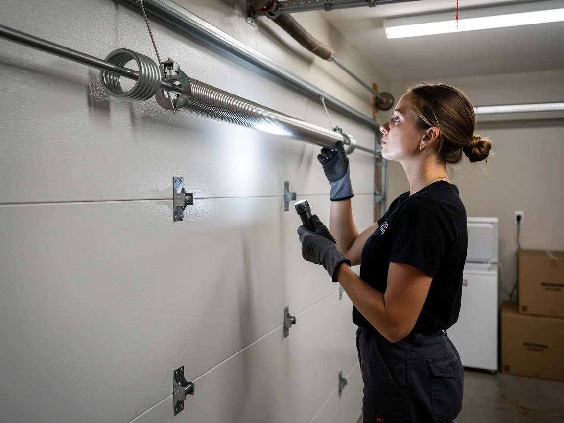 A technician in gloves inspects a garage door torsion spring with a flashlight.