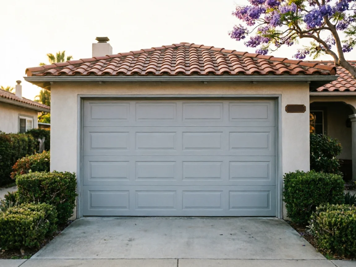 A light gray garage door is on a house with a red tile roof.