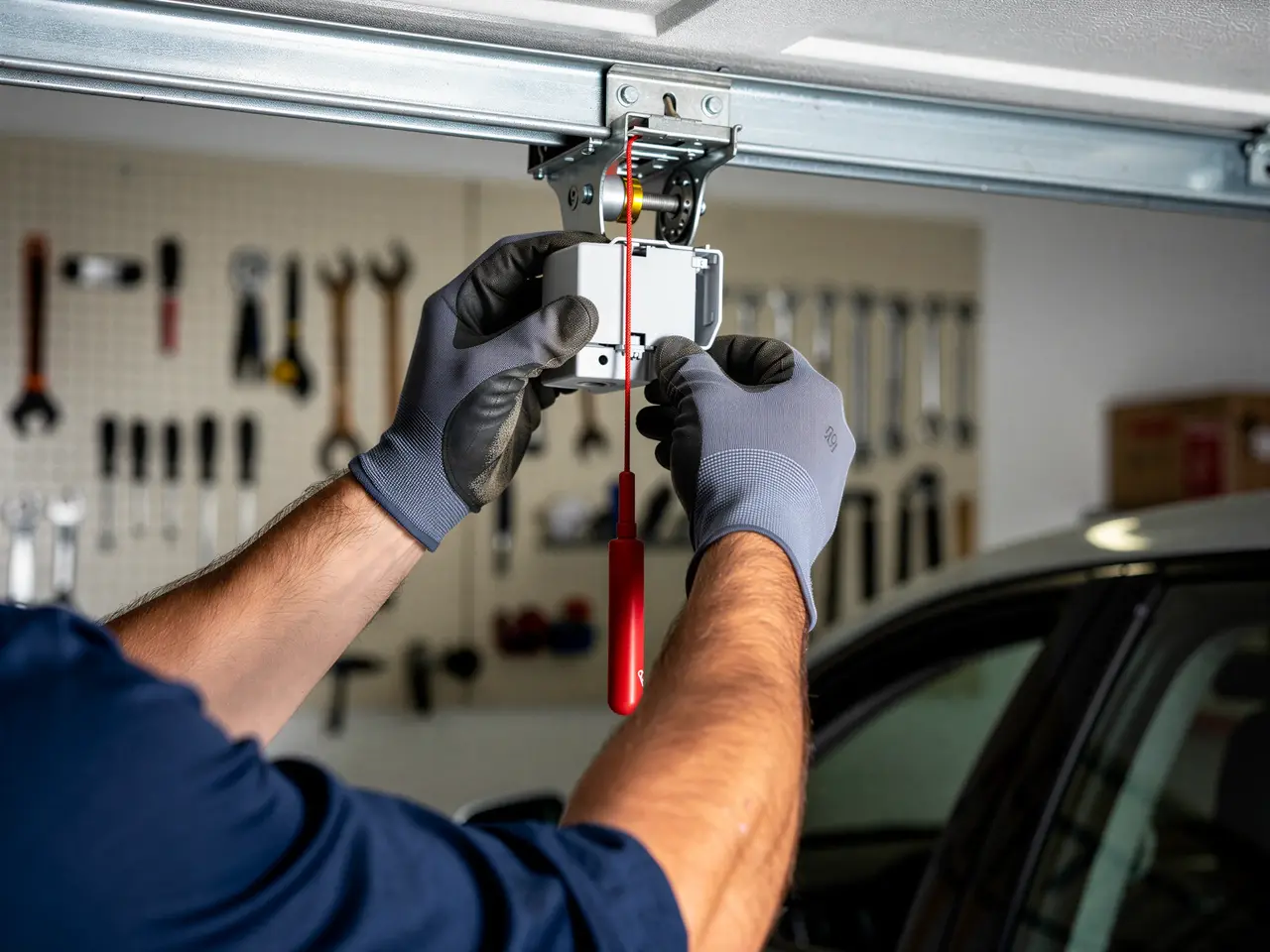 A technician in gloves adjusts the garage door opener's emergency release.