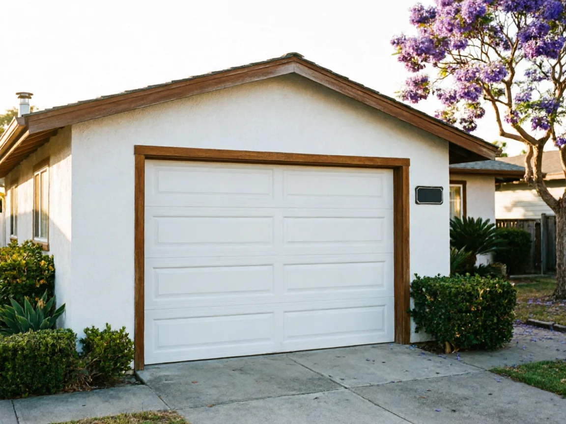 A white garage door with brown trim on a white house with landscaping.